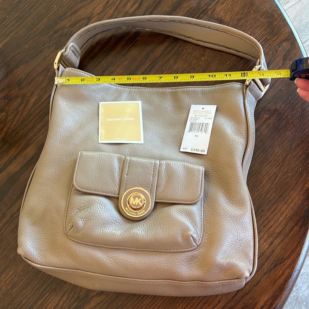 Michael Kors Pushlock Taupe Leather Shoulder Bag